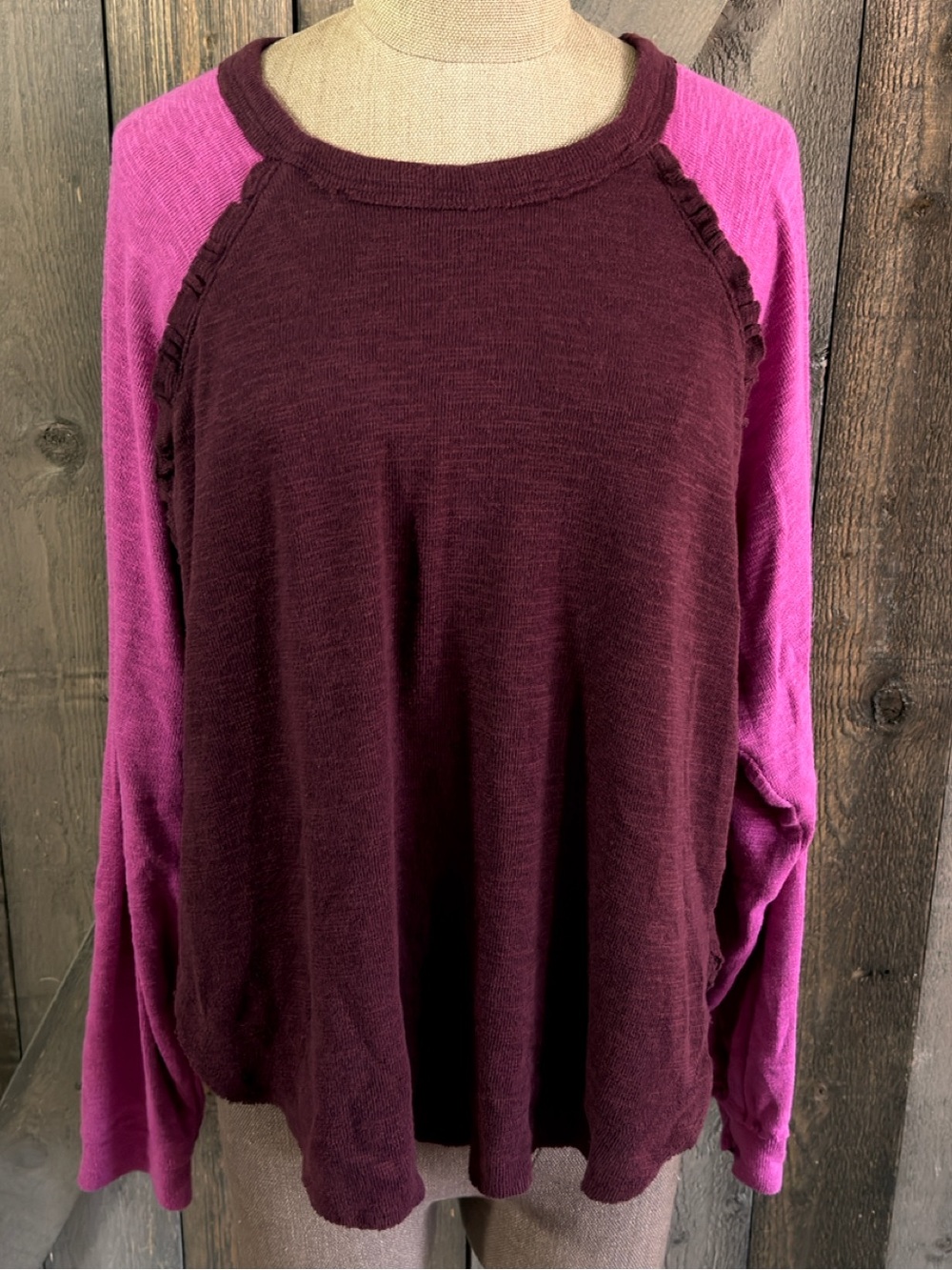Pilcro Ruffled Raglan Thermal Sweater Top Pink Burgandy Colorblock Long Sleeve